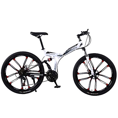 Folding Bike : 24. 26 Inch Folding Bike, Adult Mountain Bike with 10 Spoke Wheels and 21 * 24 * 27 Speed 51-7#Siamese finger shifting handle Full Suspension Anti-Slip Bicycle for Women, Men, Student D, 26in21Speed
