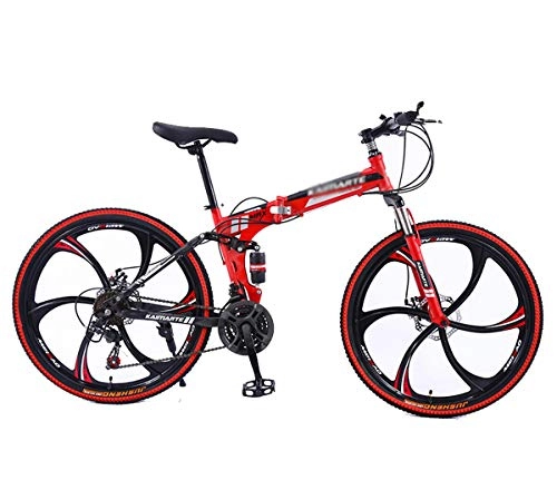 Folding Bike : 24 / 26 Inch Folding Mountain Bike Bicycle For Men And Women, High Carbon Steel Frame, Steel Disc Brake (Color : Red-A, Size : 24 inch 21 speed)
