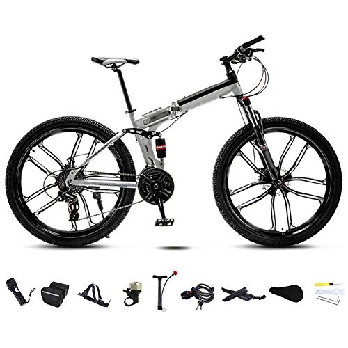 Folding Bike : 24-26 Inch MTB Bicycle, Unisex Folding Commuter Bike, 30-Speed Gears Foldable Mountain Bike, Off-Road Variable Speed Bikes for Men And Women, Double Disc Brake / white / 26'' / C wheel