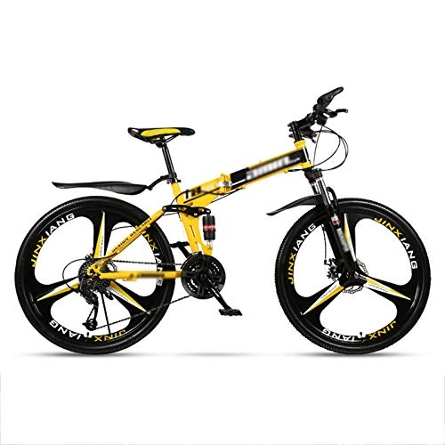 Folding Bike : 24"Full Suspension Folding Mountain Bike 30 Speed Bicycle Men or Women MTB Foldable Frame, Shimano rear derailleur, Folding mountain bikes for adults and students, Yellow