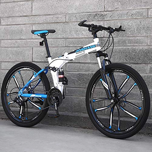 Folding Bike : 24 inch folding mountain bike adult variable speed off-road road male and female student bike-Ten Knife Blue Flower_21 speed_24 inches
