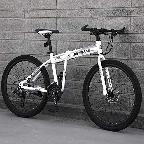 Folding Bike : 24 inch folding mountain bike adult variable speed off-road road male and female student bike-White flower_27 speed_24 inches