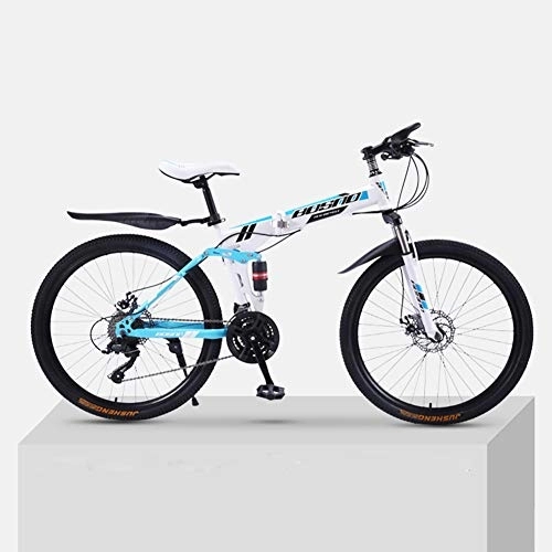 Folding Bike : 24-Inch Folding Mountain Bike, Full Suspension Bike, High Carbon Steel Frame, Double Disc Brakes, PVC Pedals And Rubber Grips, white and blue 21 shift