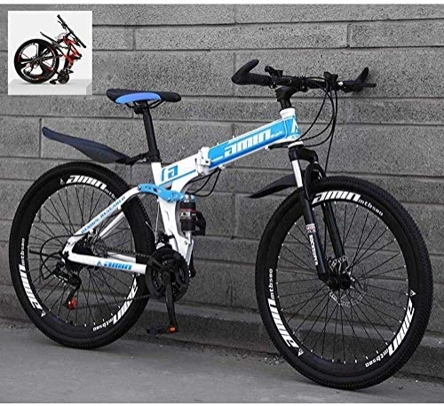Folding Bike : 24 Inch Folding Mountain Bikes, High Carbon Steel Frame Double Shock Absorption 21 / 24 / 27 / 30 Speed Variable, All Terrain Quick Foldable Adult Mountain Off-Road Bicycle ( Color : Blue , Size : 24 speed )