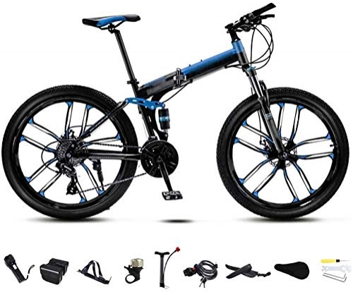 Folding Bike : 24 Inch MTB Bicycle Unisex Folding Commuter Bike 30-Speed Gears Foldable Mountain Bike Off-Road Variable Speed Bikes for Men And Women Double Disc Brake / blue-blue_21 speed