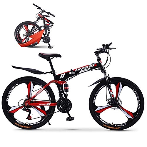 Folding Bike : 24 Inches Lightweight Alloy Folding City Bike Foldable Mountain Bike Steel Frame Dual Disc Brake Folding Bike, with 3 Cutter Wheel, 21 Speed, Front+Rear Mudgard, Unisex Adult, Red
