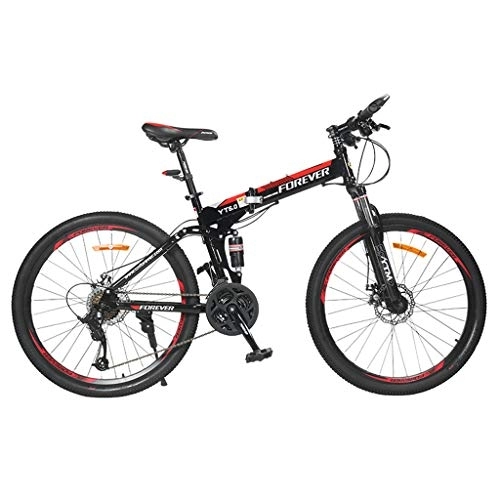 Folding Bike : 24 Inches Men's Women Foldable Mountain Bike, MTB Bicycle with Spoke Wheel Adjustable Seat, Black&Red, 21 speed