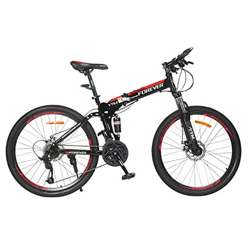 Folding Bike : 24 Inches Men's Women Foldable Mountain Bike, MTB Bicycle with Spoke Wheel Adjustable Seat, Black&Red, 27 speed