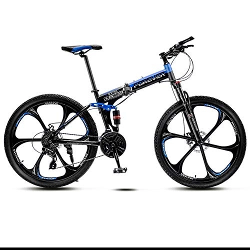 Folding Bike : 24 Variable Speed Six Cutter Wheel Adult Off-Road Mountain Bike Men And Women Bicycle Folding Variable Speed Double Shock Absorber Student Racing, Black And Blue, 24