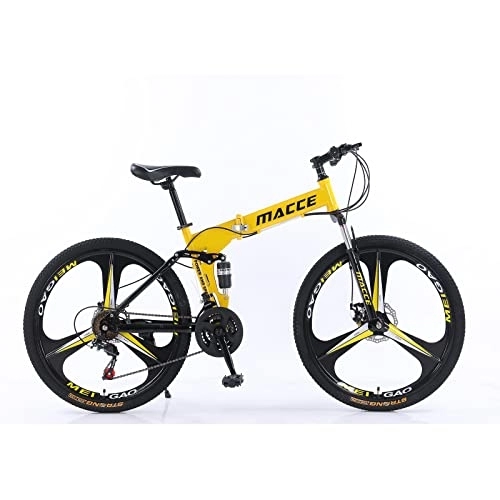 Folding Bike : 24inch 27 Speed Folding Mountain Bike high Carbon Steel, Full Suspension MTB Bike, Suitable for Adults, Double disc Brake Outdoor Mountain Bike, Men and Women (24inch for Height 140-170cm, Yellow)
