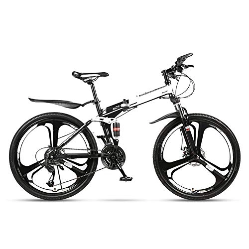 Folding Bike : 26" Folding Bike, Adult Mountain Bike Full Suspension MTB Gears Dual Disc Brakes Suitable for Height 165-185cm, White, 3 cutter wheel