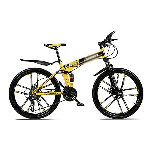 Folding Bike : 26 In Folding Mountain Bike 21 Speed Bicycle For Men Or Women MTB Foldable Carbon Steel Frame Frame With Dual Suspension(Size:24 Speed, Color:Yellow)