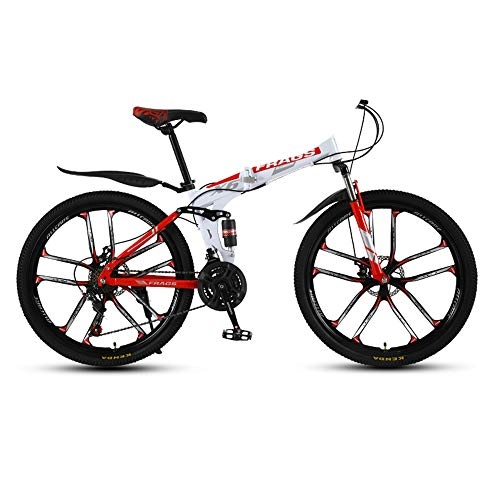 Folding Bike : 26 Inch 21-Speed Folding Mountain Bikes Double Hydraulic Shock Absorption System Folding with Front Suspension Adjustable Seat for Outdoor Cycling Work Out, red white, 26 inch 21s