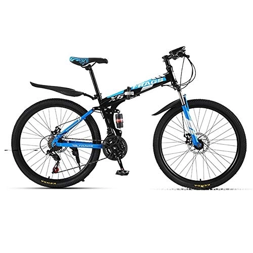 Folding Bike : 26 Inch 21-Speed Mountain Bike, Folding Mountain Bicycle, Rear Shock Design, Double Disc Brakes, Off-Road Variable Speed Racing Men And Women, Multiple Color Options fengong (Color : Blue)