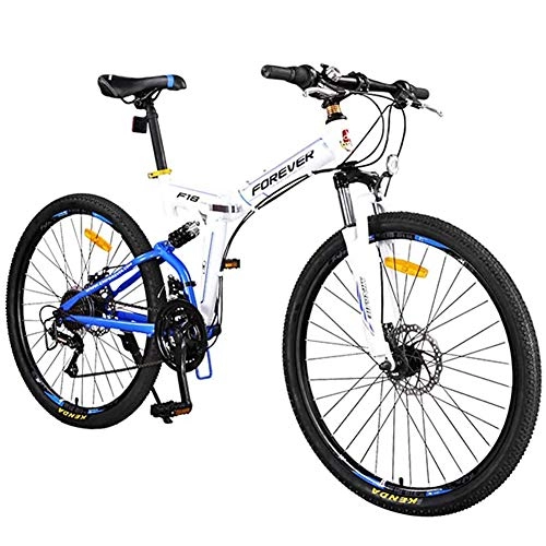 Folding Bike : 26 Inch 24 Speed Folding Mountain Bike Front And Rear Shock Absorber Double Disc Brake Men And Women Casual Students Soft Tail Portable Bicycle, White