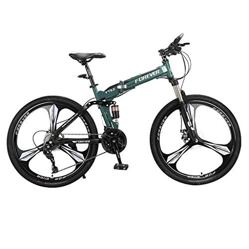 Folding Bike : 26 Inch Adult Mountain Bikes - High Carbon Steel Full Suspension Frame Folding Bicycles - 24 Speed ​​Gears Dual Disc Brakes Mountain Trail Bike (Color : Green)
