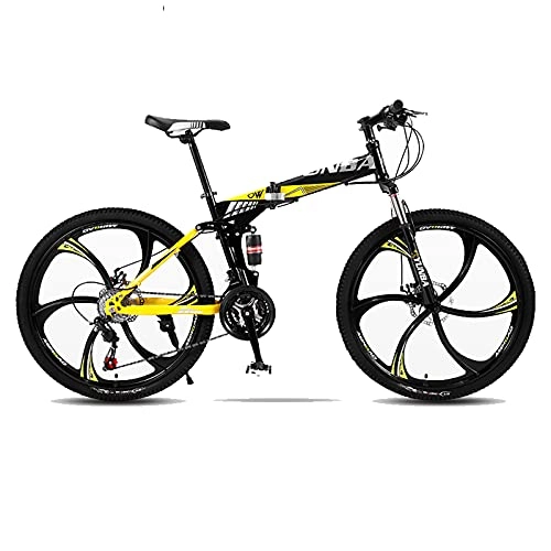 Folding Bike : 26 inch Adults Folding Mountain Bike, High Carbon Steel Frame Bike for Men Women, 21-Speed 6-Spoke Full Suspension MTB Bicycles, D