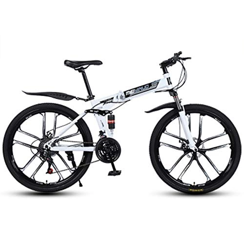 Folding Bike : 26 Inch Double Disc Brakes Mountain Bike, Folding Outroad Bicycle for Teens, Adults, Men, Women, 21 / 24 / 27 Speed Gears Cycle Full Suspension MTB Bikes, Lightweight Steel Frame, White, 24 Speed