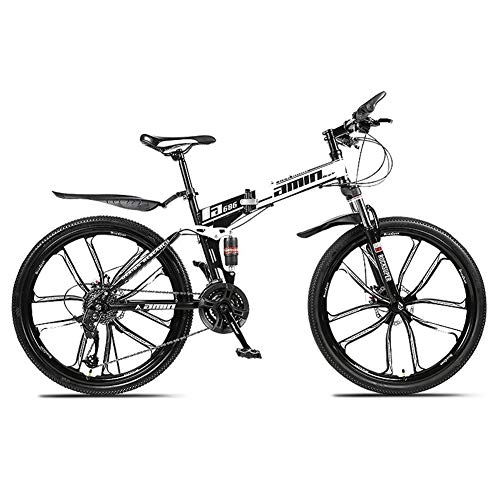 Folding Bike : 26 Inch Double Disc Brakes Mountain Bike, Folding Outroad Bicycle for Teens, Adults, Men, Women, Adult MTB with Adjustable Seat, 10 Cutter, Black and White, 24 inches
