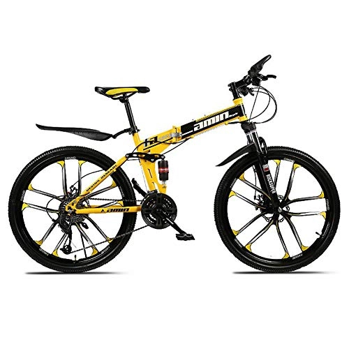 Folding Bike : 26 Inch Double Disc Brakes Mountain Bike, Folding Outroad Bicycle for Teens, Adults, Men, Women, Adult MTB with Adjustable Seat, 10 Cutter, Black and Yellow, 21 inches