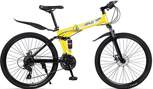 Folding Bike : 26 Inch Foldable Mountain Bike 21 Speed Folding Bikes for Adult Spoke Wheel Bicycles for Men and Women Full Suspension, High Carbon Steel Frame Mens Bicycle, Road Bikes for Adults Yellow, 26 inches