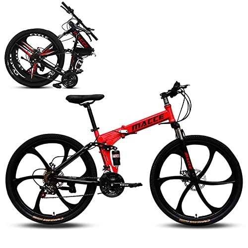 Folding Bike : 26 Inch Folding Mountain Bike, 21 / 24 / 27 Speed Disc Brake, High-carbon Steel Shock-absorbing Folding Frame, 6-Spoke Anti-Slip Bicycle for Man / Woman / Teen Red-24sp