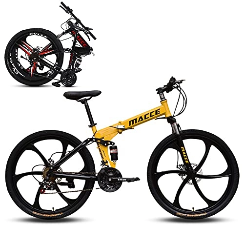Folding Bike : 26 Inch Folding Mountain Bike, 21 / 24 / 27 Speed Disc Brake, High-carbon Steel Shock-absorbing Folding Frame, 6-Spoke Anti-Slip Bicycle for Man / Woman / Teen Yellow-21sp