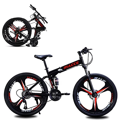 Folding Bike : 26 Inch Folding Mountain Bike, 21 / 24 / 27 Speed MTB, 3-Spoke Anti-Slip Bicycle, Magnesium-Aluminum Alloy Wind Breaking Wheel, Suitable for People With a Height of 160- Black-21sp