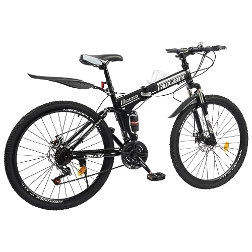 Folding Bike : 26 Inch Folding Mountain Bike, 21-Speed Transmission Foldable Mountain Bicycle with Dual Disc Brakes, High-carbon Steel Frame Bike with Mudguard, 80-95cm Adjustable Soft Seat Height (Style 2)