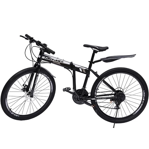 Folding Bike : 26 Inch Folding Mountain Bike 21 Speeds - Adult Mountain Bike Disc Brake Full Suspension MTB Bike Carbon Steel Frame 120kg Load Height Adjustable for Mens, Black (Folding Size :95*35*100cm)