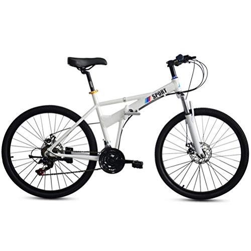 Folding Bike : 26 Inch Folding Mountain Bike, Adult MTB with Adjustable Seat, Portable Shock Absorption Outroad Mountain Bicycle, 21-Speed Disc Brake, Country Gearshift Bicycle, Aluminum Alloy Body Frame, White