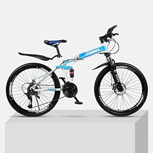 Folding Bike : 26-Inch Folding Mountain Bike Bicycle, Full Suspension MTB Bike High Carbon Steel Frame, Double Disc Brakes, PVC Pedals And Rubber Grips, Blue 21 shift