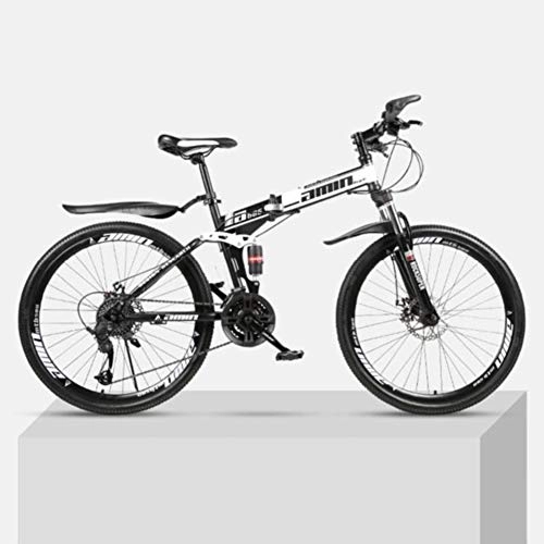 Folding Bike : 26-Inch Folding Mountain Bike Bicycle, Full Suspension MTB Bike High Carbon Steel Frame, Double Disc Brakes, PVC Pedals And Rubber Grips, white 24 shift