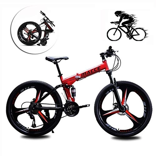 Folding Bike : 26 Inch Folding Mountain Bike For Adult, Lightweight Aluminum Frame Fully Suspention Road Bikes Front And Rear Mechanical Disc Brakes, With Suspension Fork Disc Brake fengong (Color : Red)
