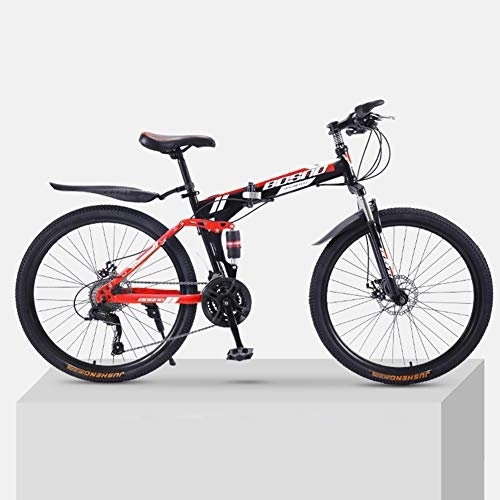 Folding Bike : 26-Inch Folding Mountain Bike, Full Suspension Bike, High Carbon Steel Frame, Double Disc Brakes, PVC Pedals And Rubber Grips, Red 21 shift