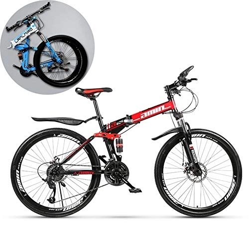 Folding Bike : 26 inch Folding Mountain Bike, Full Suspension Trek Bike for Adults Sport Wheels Dual Disc Brake Aluminum Frame MTB Bicycle Urban Track Bike Road Bikes, Red, 27 Speed