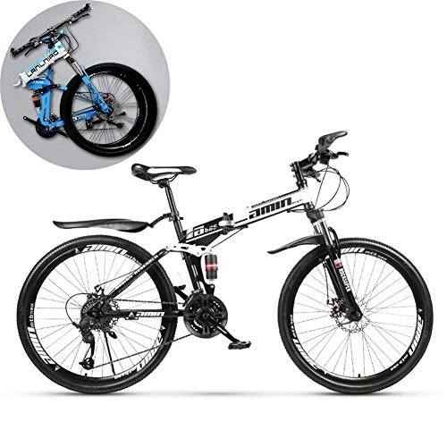Folding Bike : 26 inch Folding Mountain Bike, Full Suspension Trek Bike for Adults Sport Wheels Dual Disc Brake Aluminum Frame MTB Bicycle Urban Track Bike Road Bikes, White, 21 Speed