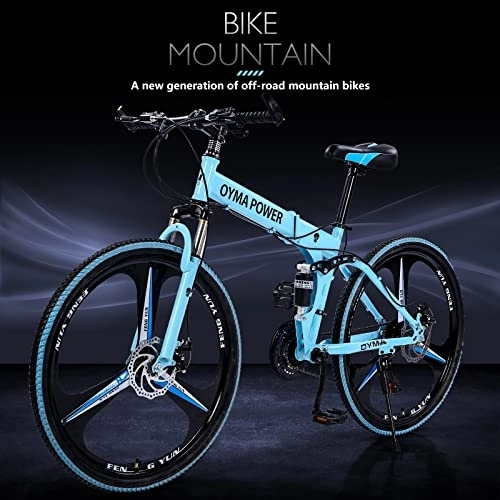 Folding Bike : 26 inch Folding Mountain Bike Shimanos 21-Speed High-Carbon Steel Frame Full Suspension Bike for Teenagers and Adults（The for Mountain Bike Front 26 Inch (blue, One Size)