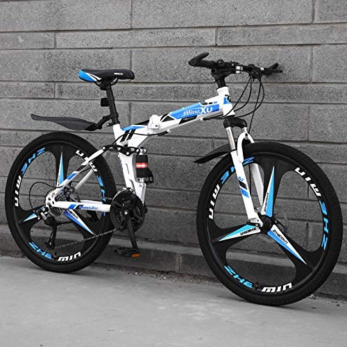 Folding Bike : 26-inch folding mountain bike variable speed off-road 21-speed 3-spoke wheel mountain bike double suspension bike-Blue flower_24 speed_26 inches