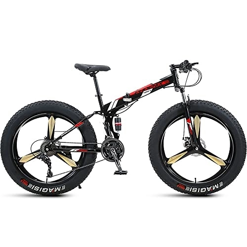 Folding Bike : 26 Inch Folding Mountain Bike with Full Suspension High Carbon Steel Frame, Mens Fat Tire Mountain Bik with 7 / 21 / 24 / 27 / 30 Speed, Double Disc Brake and 4-Inch Wide Knobby Tires