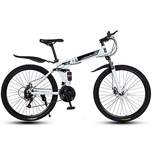 Folding Bike : 26 Inch Folding Mountain Bikes, 30 Cutter Wheels High Carbon Steel Frame Variable Speed Double Shock Absorption, All Terrain Adult Quick Foldable Bicycle, Men Women General Purpose, White, 21 Speed