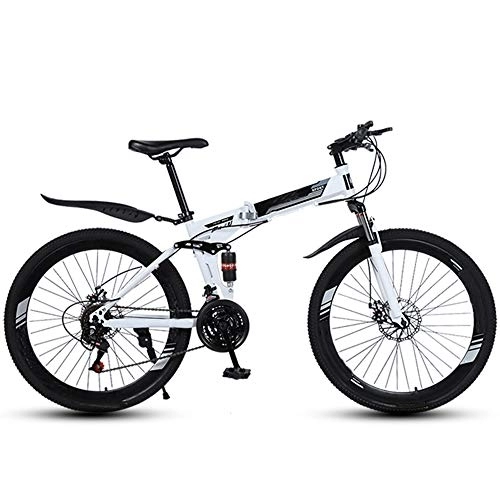 Folding Bike : 26 Inch Folding Mountain Bikes, 40 Cutter Wheels High Carbon Steel Frame Variable Speed Double Shock Absorption, All Terrain Adult Quick Foldable Bicycle, Men Women General Purpose, White, 24 Speed