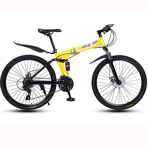 Folding Bike : 26-Inch Mountain Bike, 30 Cutter Wheel Double Disc Brake Adult Road Bike, Foldable Carbon Steel Shift Soft Tail Bike, Yellow, 27 speed