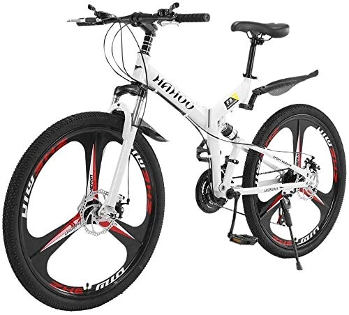 Folding Bike : 26 Inch Mountain Bike Folding Bicycle with High Carbon Steel Frame 21 Speed Dual Disc Brakes Full Suspension Non-Slip