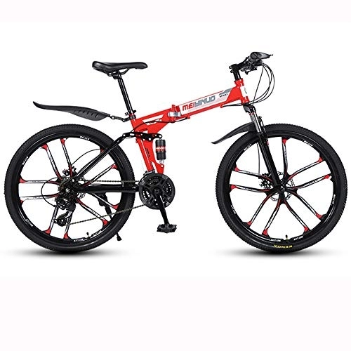 Folding Bike : 26-Inch Mountain Bike, Folding Carbon Steel Variable Speed Bike, 10 Cutter Wheel Double Disc Brake Adult Road Bike, Red, 21 speed
