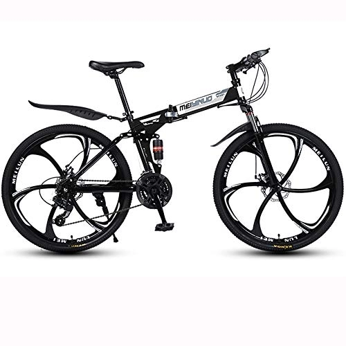 Folding Bike : 26-Inch Mountain Bike, Folding Carbon Steel Variable Speed Bike, 6 Cutter Wheel Double Disc Brake Adult Road Bike, Black, 24 speed