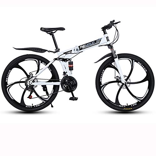 Folding Bike : 26-Inch Mountain Bike, Folding Carbon Steel Variable Speed Bike, 6 Cutter Wheel Double Disc Brake Adult Road Bike, White, 21 speed