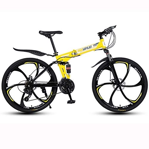 Folding Bike : 26-Inch Mountain Bike, Folding Carbon Steel Variable Speed Bike, 6 Cutter Wheel Double Disc Brake Adult Road Bike, Yellow, 27 speed