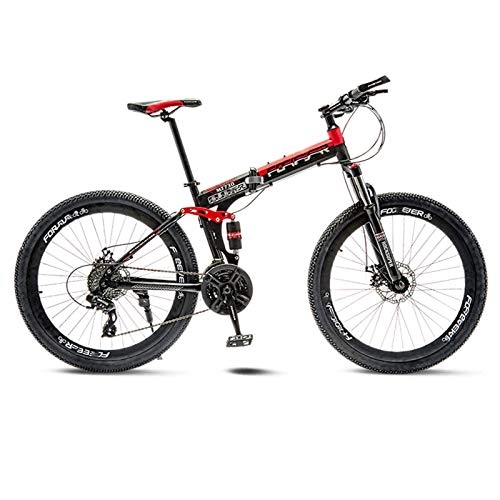 Folding Bike : 26 Inch Mountain Bike, Full Suspension Folding Bike, Variable speed Adult Foldable Bicycle MTB, Dual Disc Brakes For Men & Women Bike-24Speed-Black red