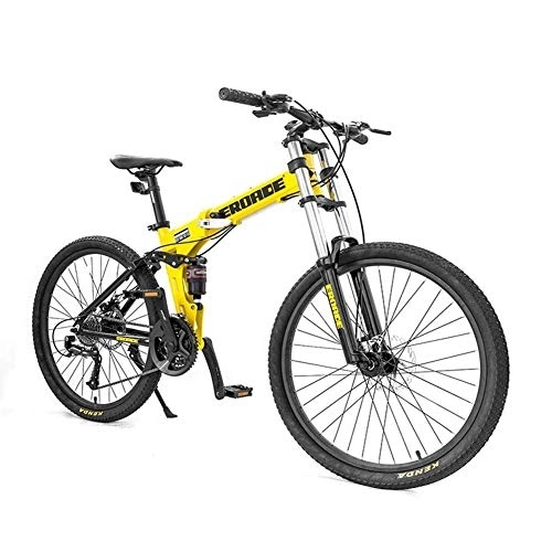 Folding Bike : 26 Inch Mountain Bikes, Adult 27-Speed Dual-Suspension Mountain Bike, Aluminum Frame Bicycle, Men's Womens Adjustable Seat Alpine Bicycle, Yellow, Foldable